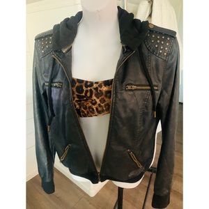 Black Bebe Leather jacket with hood (Faux) sz M